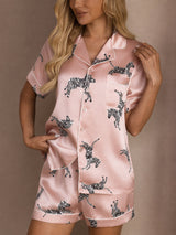 [Rosa Zebra] SilkSilky-NO Short Sleeve Lapel Collar Pyjamas for Kvinner 004