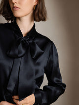 [Svart] SilkSilky-NO Long Sleeve Tie Neck Damebluser 004