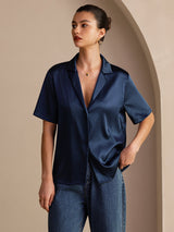 [Mørke blå] SilkSilky-NO Short Sleeve Lapel Collar Skjorte for Kvinner 003