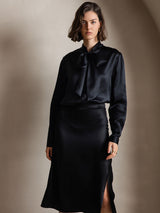 [Svart] SilkSilky-NO Long Sleeve Tie Neck Damebluser 002