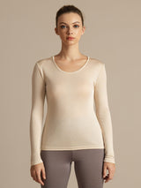 [Beige] SilkSilky-NO Langermet Rund Hals T-skjorte for Kvinner 004