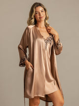 [Brun] SilkSilky-NO 3/4 Sleeve V Neck Nattkjole og Morgenkåpesett 006