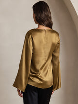 [Brun] SilkSilky-NO Long Sleeve Boat Neck Bluse 002