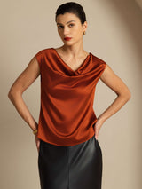 [Karamell] SilkSilky-NO Cap Sleeve Cowl Neck T-skjorte for Kvinner 004