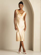 [Champagne] SilkSilky-NO Sleeveless Cowl Neck Kjole 001
