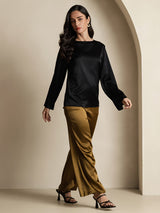 [Svart] SilkSilky-NO Long Sleeve Boat Neck Bluse 008