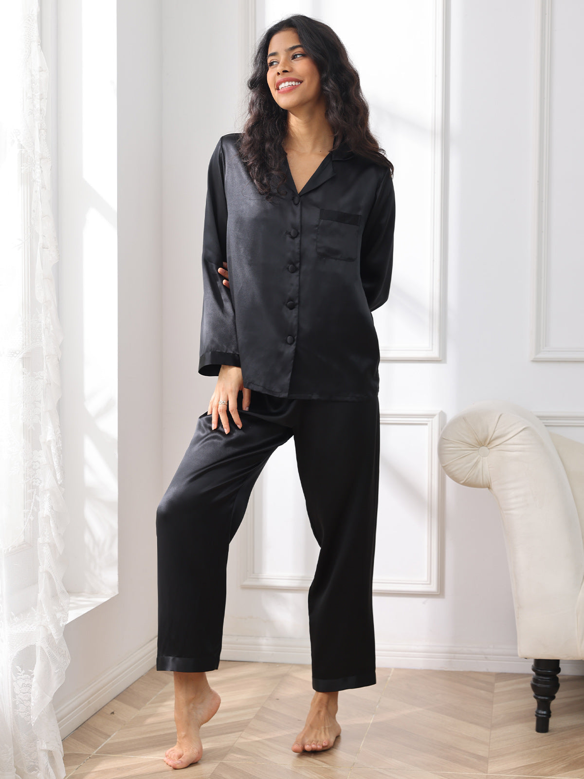 SilkSilky US Pure Silk Long Sleeve Lapel Women's Pajamas Black 005