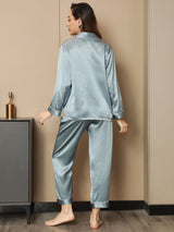 [Stål Blå] SilkSilky-NO Long Sleeve Lapel Collar Pyjamas for Kvinner 002