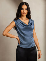 [Ekte Petrol] SilkSilky-NO Cap Sleeve Cowl Neck T-skjorte for Kvinner 001