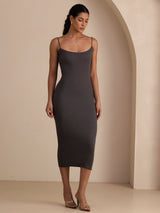 [Grå] SilkSilky-NO Spaghetti Strap Boat Neck Kjole 006