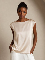 [Beige] SilkSilky-NO Cap Sleeve Round Neck T-skjorte for Kvinner 001
