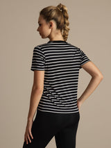 [Svart Stripe] SilkSilky-NO Kort erm Tett Crew Neck T-skjorte for Kvinner 003