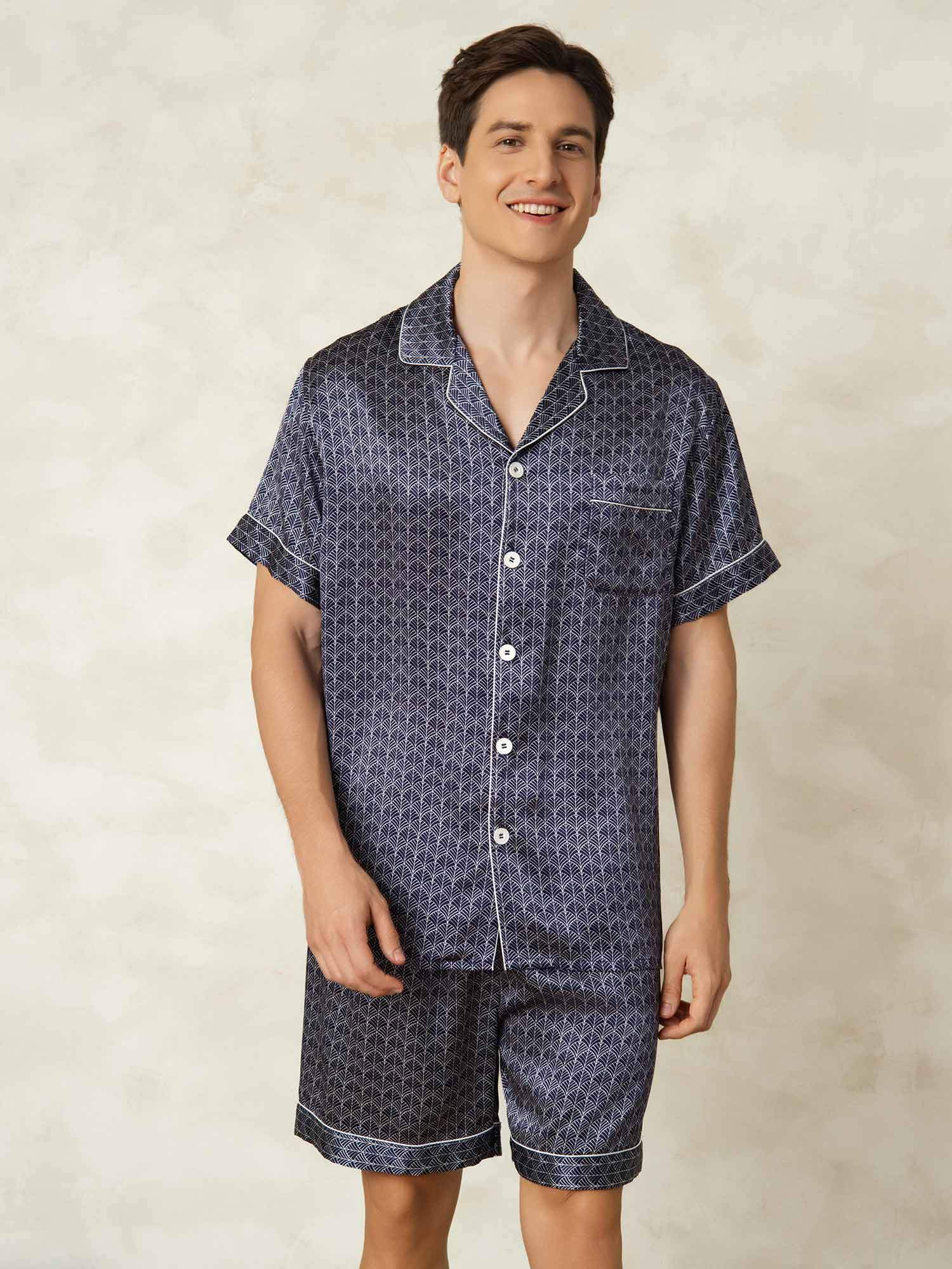 [Marine Ginkgo] SilkSilky-NO Kort erm Notchkrage Pyjamas for menn 001