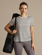 [Hvit Stripe] SilkSilky-NO Kort erm Tett Crew Neck T-skjorte for Kvinner 004