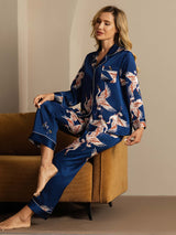 [Mørke blå] SilkSilky-NO Long Sleeve Lapel Collar Pyjamas for Kvinner 006