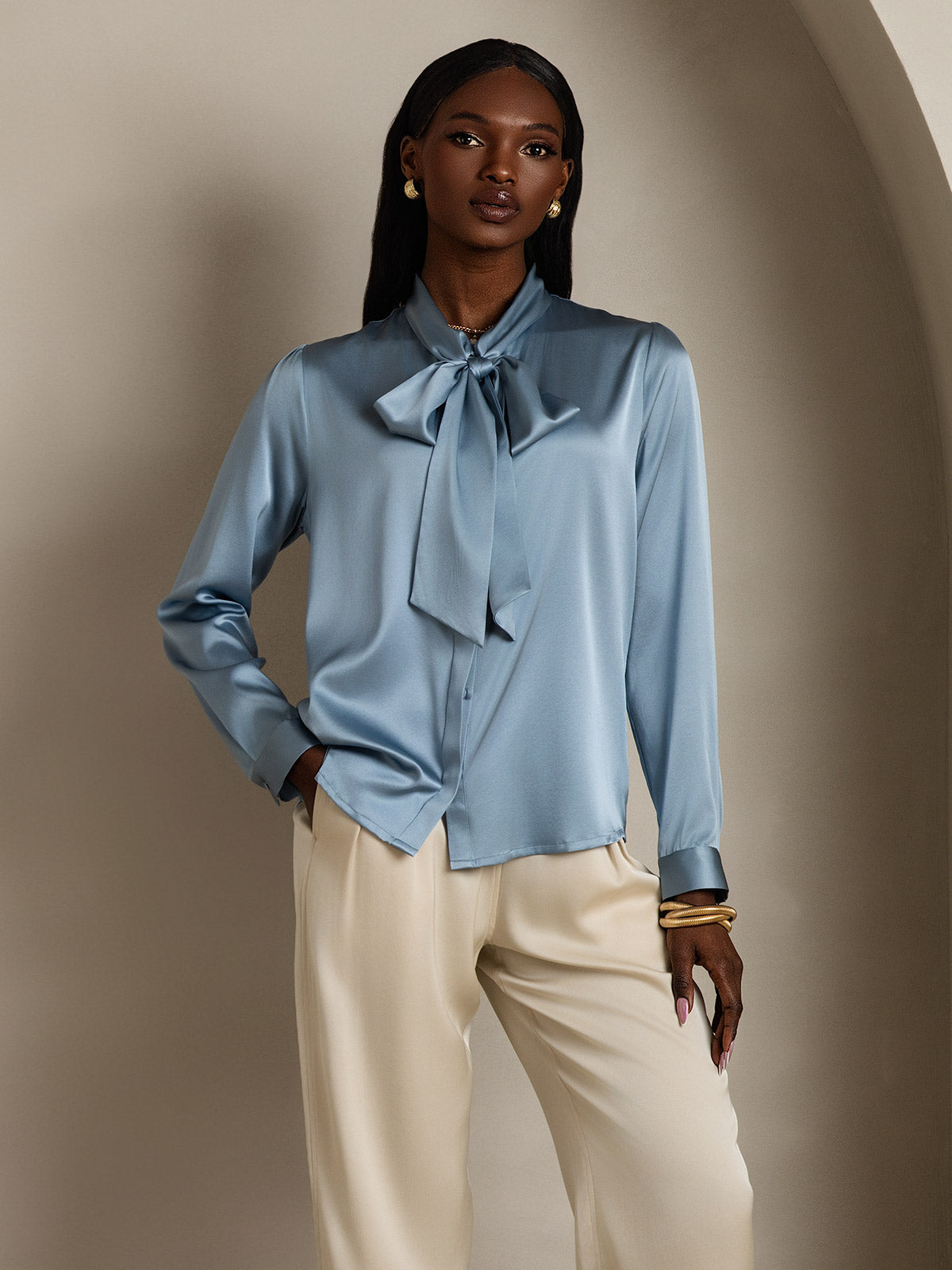 [Gråblå] SilkSilky-NO 19Momme Silke Blouse 007