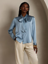 [Gråblå] SilkSilky-NO Long Sleeve Tie Neck Damebluser 007