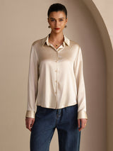 [Risbeige] SilkSilky-NO Long Sleeve Lapel Collar Skjorte for Kvinner 004