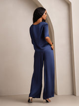 [Mørke blå] SilkSilky-NO Halv erme Round Neck Pyjamas for Kvinner 002