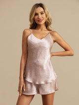 [Rosa Hjerte Geo] SilkSilky-NO 19Momme Spaghetti Stropp V Hals Camisole sett 005