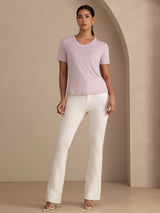[Lavendel] SilkSilky-NO Short Sleeve V Neck T-skjorte for Kvinner 007