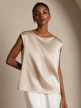 [Beige] SilkSilky-NO Cap Sleeve Round Neck T-skjorte for Kvinner 003