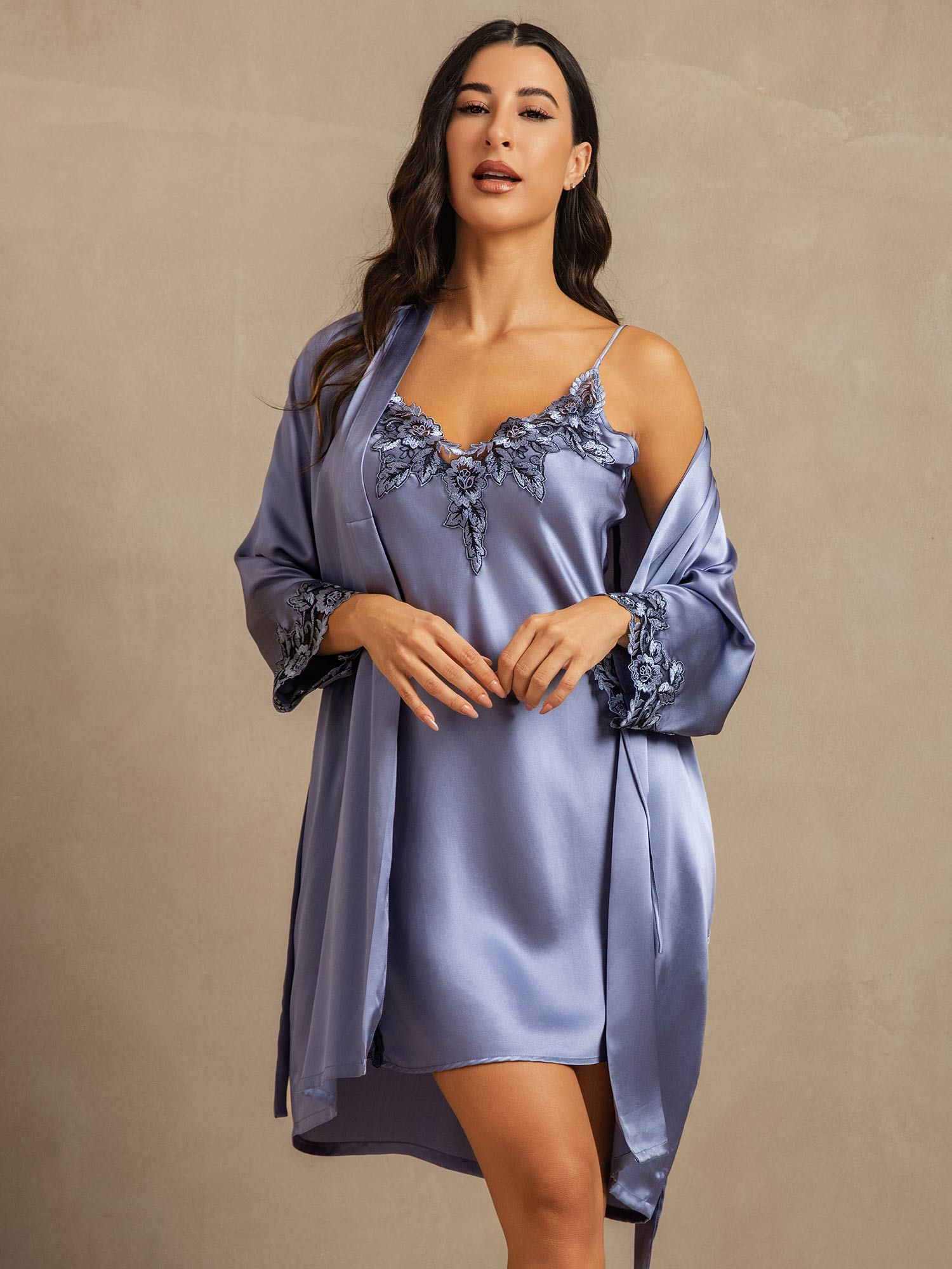 [Stål Blå] SilkSilky-NO Nightgown&Robe Set 003,