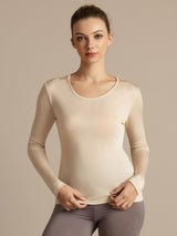 [Beige] SilkSilky-NO Langermet Rund Hals T-skjorte for Kvinner 002