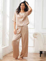 [Champagne] SilkSilky-NO Halv erme Round Neck Pyjamas for Kvinner 001