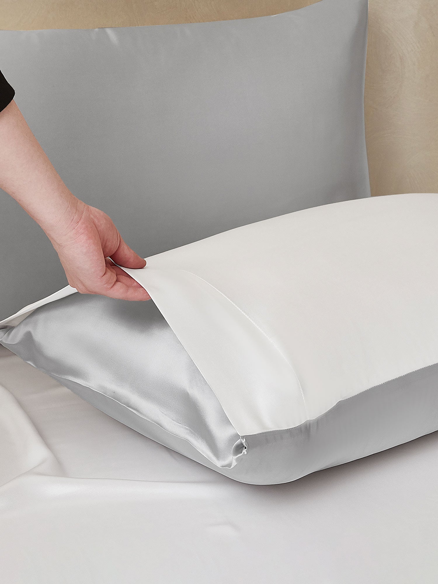 [Lysegrå+Hvit] SilkSilky-NO 25Momme Bedding Set 005,