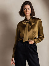 [Brun] SilkSilky-NO Long Sleeve Tie Neck Damebluser 007
