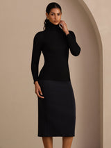 [Svart] SilkSilky-NO Long Sleeve Turtle Neck T-skjorte for Kvinner 005