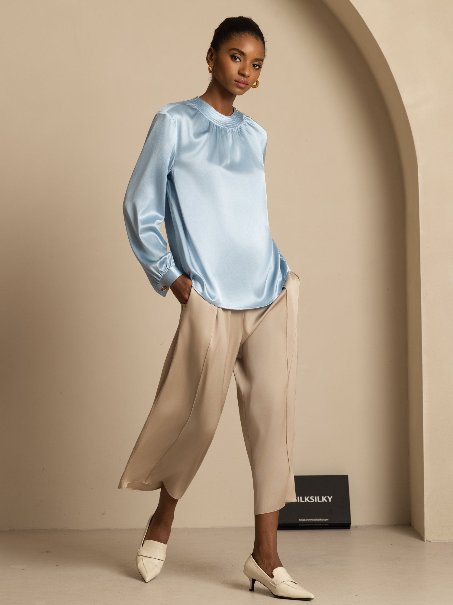 [Gråblå] SilkSilky-NO 19Momme Silke Langermet Rund Hals Bluse 007