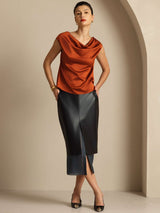 [Karamell] SilkSilky-NO Cap Sleeve Cowl Neck T-skjorte for Kvinner 008
