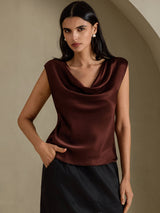 [Mørk Sjokolade] SilkSilky-NO Cap Sleeve Cowl Neck T-skjorte for Kvinner 005