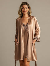 [Brun] SilkSilky-NO 3/4 Sleeve V Neck Nattkjole og Morgenkåpesett 003