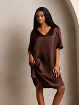 [Brun] SilkSilky-NO Half Sleeve V Neck Nattkjole 001