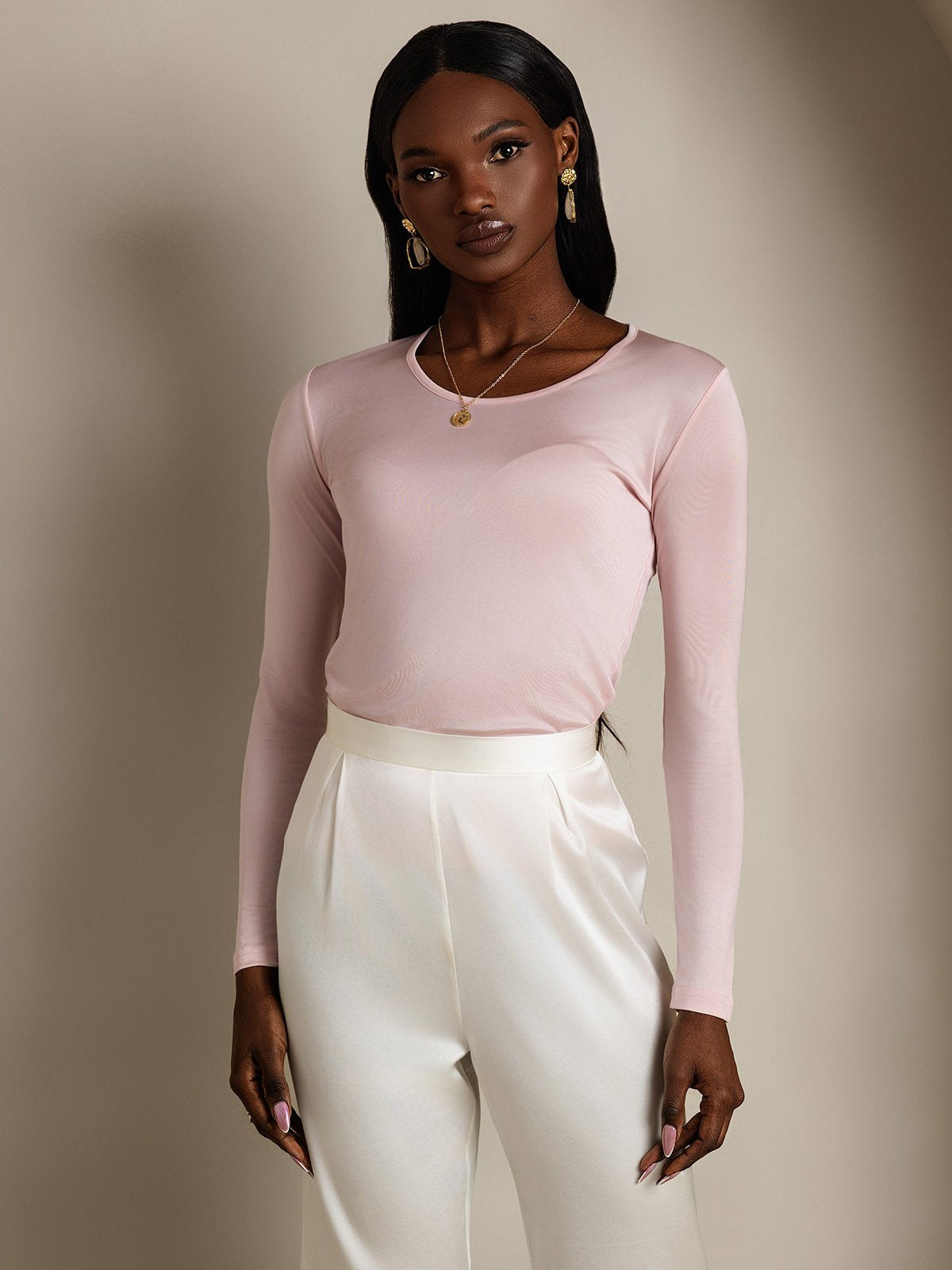 [Korallrosa] SilkSilky-NO Silke Long Sleeve Round Neck T-skjorte for Kvinner 003