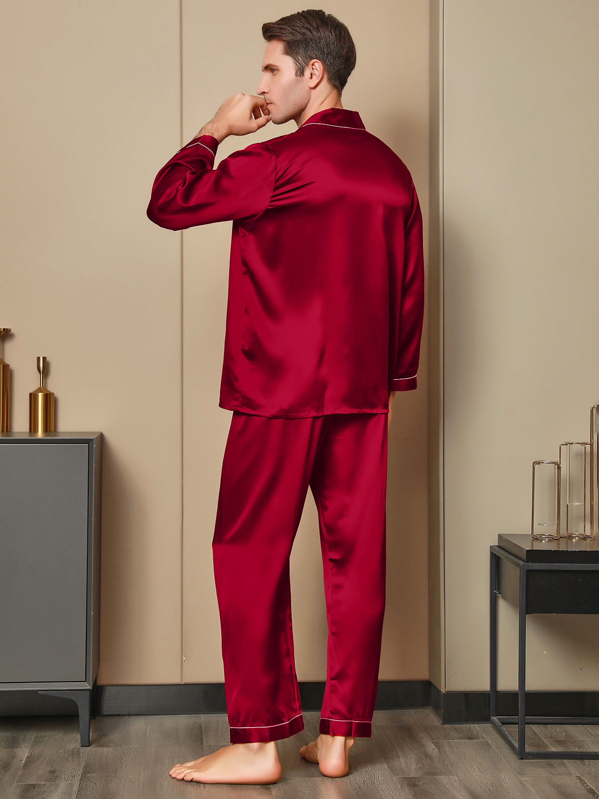 [Rød] SilkSilky-NO 19Momme Mens Pajamas 002