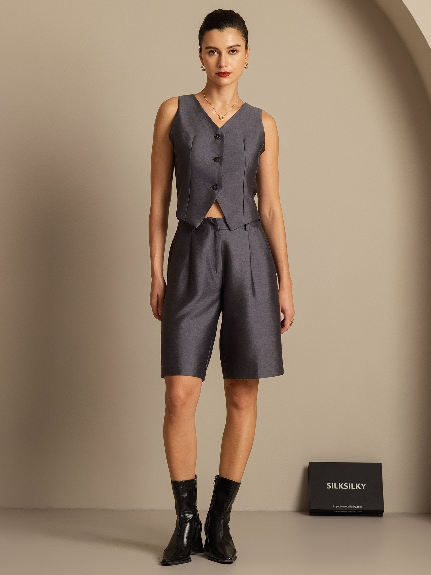 [Grå] SilkSilky-NO 32Momme Silk-Wool Blend Womens Vest 001,