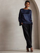 [Mørke blå] SilkSilky-NO Long Sleeve Boat Neck Bluse 006