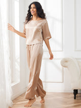 [Champagne] SilkSilky-NO Halv erme Round Neck Pyjamas for Kvinner 004