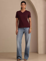 [Vin] SilkSilky-NO Short Sleeve V Neck T-skjorte for Kvinner 005