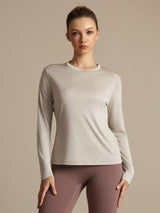 [Grå] SilkSilky-NO Langermet Tett Crew Neck T-skjorte for Kvinner 001
