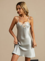 [Lyse Blå] SilkSilky-NO Spaghetti Strap V Neck Nattkjole 003