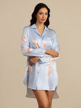[Lyse Blå] SilkSilky-NO Long Sleeve Lapel Collar Soveskjorte 003