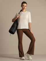 [Beige] SilkSilky-NO Halv erme Tett Crew Neck T-skjorte for Kvinner 007