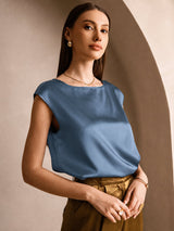 [Ekte Petrol] SilkSilky-NO Cap Sleeve Round Neck T-skjorte for Kvinner 001