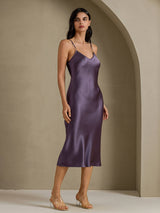 [Lilla Grå] SilkSilky-NO Spaghetti Strap V Neck Kjole 003