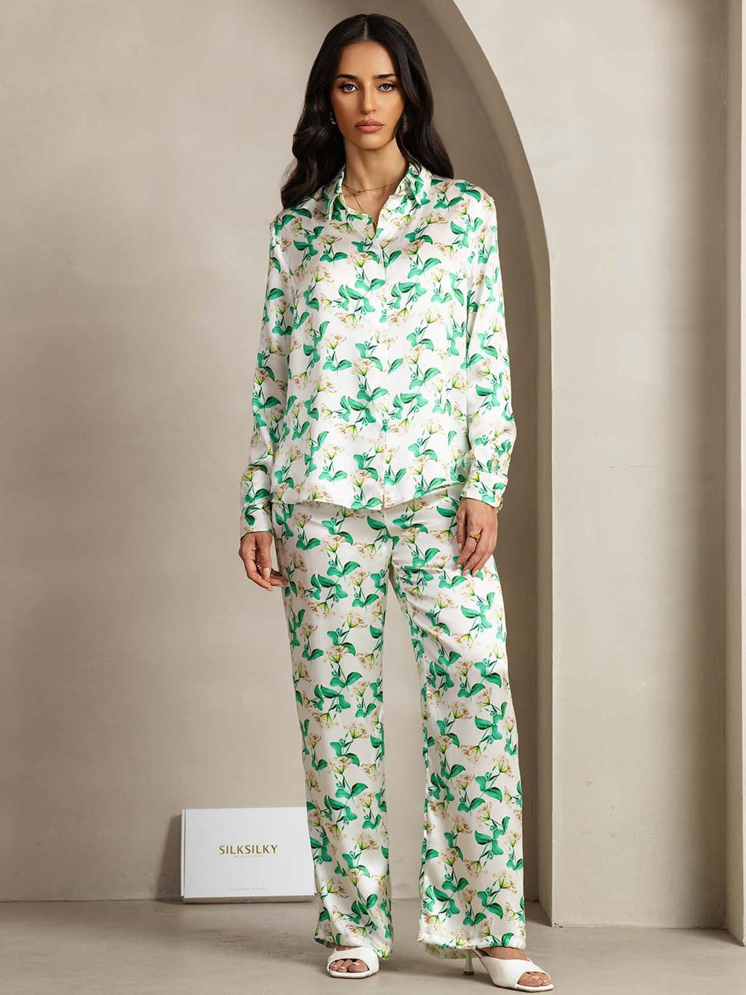 [GrønnBlomster] SilkSilky-NO 19Momme Silke Lapel Collar Women''s Outfit Sets 001